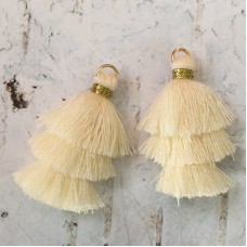 35mm Three Tier Mini Cotton Tassels with Loop - Cream - 1 pair