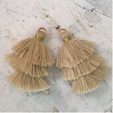 35mm Three Tier Mini Cotton Tassels with Loop - Beige - 1 pair