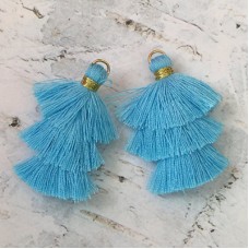 35mm Three Tier Mini Cotton Tassels with Loop - Turquoise - 1 pair