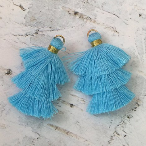 35mm Three Tier Mini Cotton Tassels with Loop - Turquoise - 1 pair