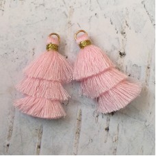 35mm Three Tier Mini Cotton Tassels with Loop - Baby Pink - 1 pair