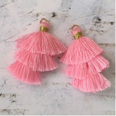 35mm Three Tier Mini Cotton Tassels with Loop - Pink - 1 pair