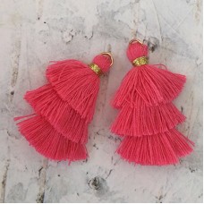 35mm Three Tier Mini Cotton Tassels with Loop - Fuchsia - 1 pair