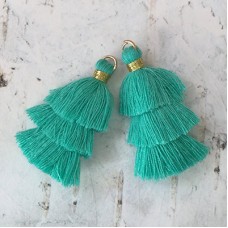 35mm Three Tier Mini Cotton Tassels with Loop - Light Teal - 1 pair
