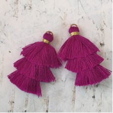 35mm Three Tier Mini Cotton Tassels with Loop - Purple - 1 pair