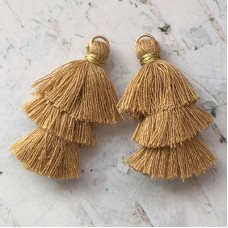 35mm Three Tier Mini Cotton Tassels with Loop - Caramel - 1 pair