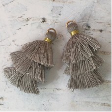 35mm Three Tier Mini Cotton Tassels with Loop - Grey - 1 pair