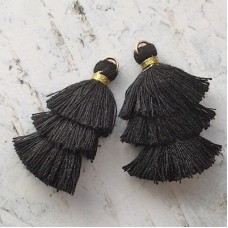 35mm Three Tier Mini Cotton Tassels with Loop - Black - 1 pair
