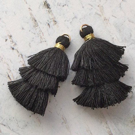 35mm Three Tier Mini Cotton Tassels with Loop - Black - 1 pair 35mm Three Tier Mini Cotton Tassels with Loop - Black - 1 pair