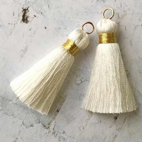 40mm Gold Wrapped Silk Tassels with Gold Jumpring - Off White - 1 pair 40mm Gold Wrapped Silk Tassels with Gold Jumpring - Off White - 1 pair