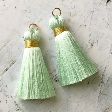 40mm Gold Wrapped Silk Tassels with Gold Jumpring - Pastel Green - 1 pair