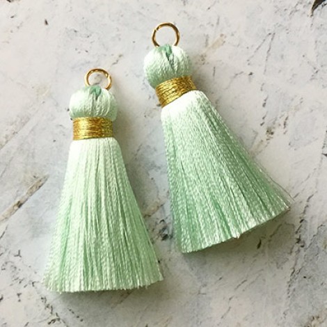 40mm Gold Wrapped Silk Tassels with Gold Jumpring - Pastel Green - 1 pair