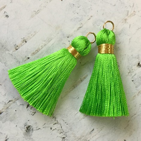 40mm Gold Wrapped Silk Tassels with Gold Jumpring - Lime Green - 1 pair