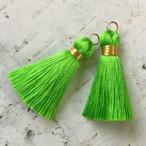40mm Gold Wrapped Silk Tassels with Gold Jumpring - Lime Green - 1 pair 40mm Gold Wrapped Silk Tassels with Gold Jumpring - Lime Green - 1 pair
