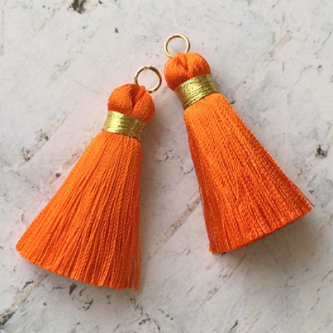 40mm Gold Wrapped Silk Tassels with Gold Jumpring - Mandarin Orange - 1 pair