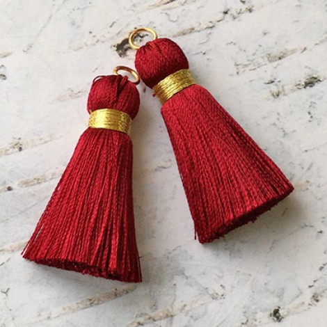 40mm Gold Wrapped Silk Tassels with Gold Jumpring - Burgundy - 1 pair