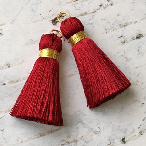 40mm Gold Wrapped Silk Tassels with Gold Jumpring - Burgundy - 1 pair 40mm Gold Wrapped Silk Tassels with Gold Jumpring - Burgundy - 1 pair