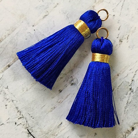 40mm Gold Wrapped Silk Tassels with Gold Jumpring - Royal Blue - 1 pair