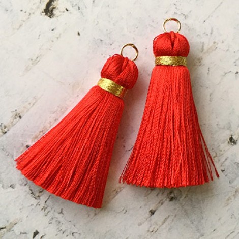 40mm Gold Wrapped Silk Tassels with Gold Jumpring - Shanghai Red - 1 pair