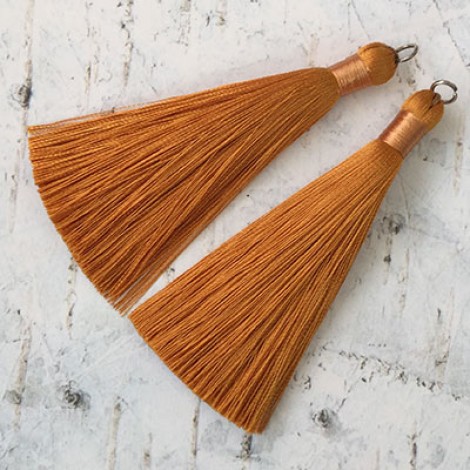 80mm Thick Bound Long Silk Tassels with Silver Jumpring - Deep Ochre - Per Pair