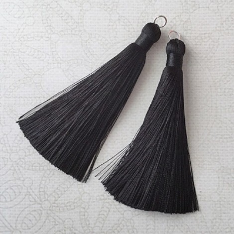 80mm Thick Bound Long Silk Tassels with Silver Jumpring - Black