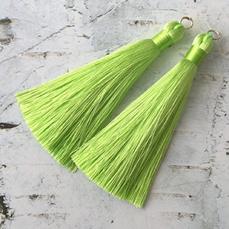 80mm Thick Bound Long Silk Tassels with Silver Jumpring - Chartreuse
