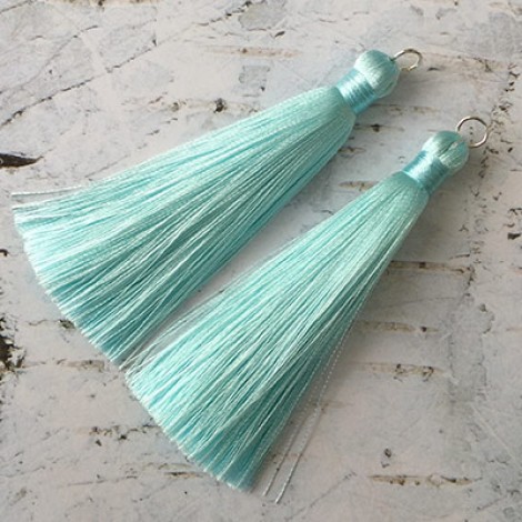 80mm Thick Bound Long Silk Tassels with Silver Jumpring - Pastel Turquoise