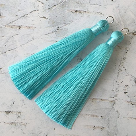 80mm Thick Bound Long Silk Tassels with Silver Jumpring - Light Turquoise - Per Pair 80mm Thick Bound Long Silk Tassels with Silver Jumpring - Light Turquoise - Per Pair