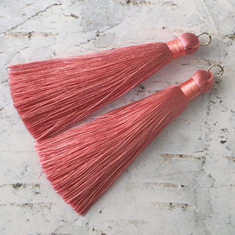 80mm Thick Bound Long Silk Tassels with Silver Jumpring - English Rose