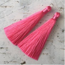 80mm Thick Bound Long Silk Tassels with Silver Jumpring - Raspberry Pink - Per Pair