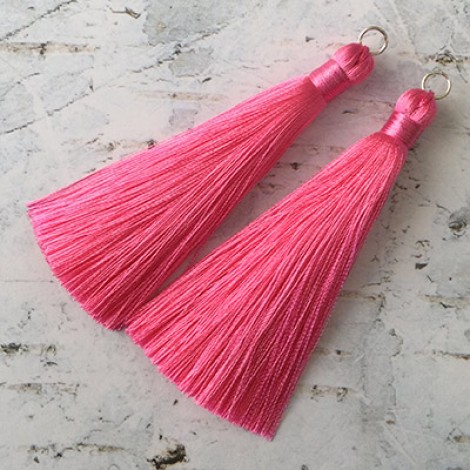 80mm Thick Bound Long Silk Tassels with Silver Jumpring - Raspberry Pink