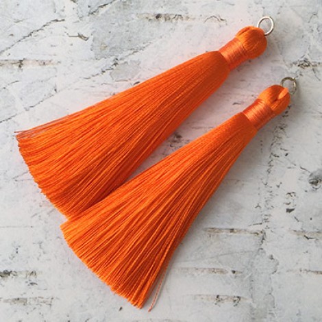 80mm Thick Bound Long Silk Tassels with Silver Jumpring - Tangerine - Per Pair
