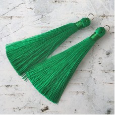 80mm Thick Bound Long Silk Tassels with Silver Jumpring - Emerald Green - Per Pair