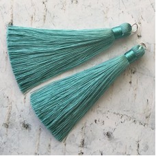 80mm Thick Bound Long Silk Tassels with Silver Jumpring - Dusty Teal - Per Pair