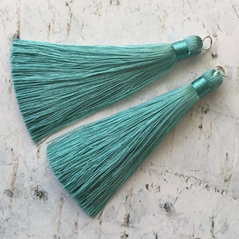 80mm Thick Bound Long Silk Tassels with Silver Jumpring - Dusty Teal - Per Pair