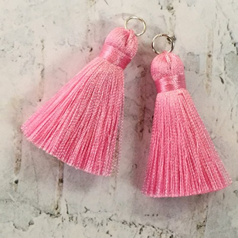 40mm Silk Tassels with Silver Jumpring - Pink - 1 pair
