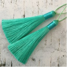 80mm Thick Bound Long Silk Tasels with Cord - Light Teal - Per Pair