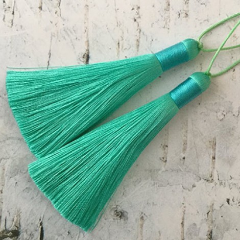80mm Thick Bound Long Silk Tassels with Cord - Light Teal
