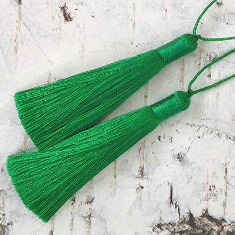 80mm Thick Bound Long Silk Tassels with Cord - Emerald Green