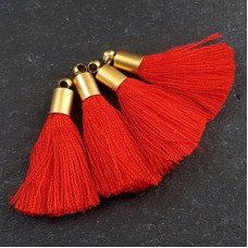 26mm Mini Red Soft Thread Tassels w-Matte 22K Gold Plated Cap - Per Pair