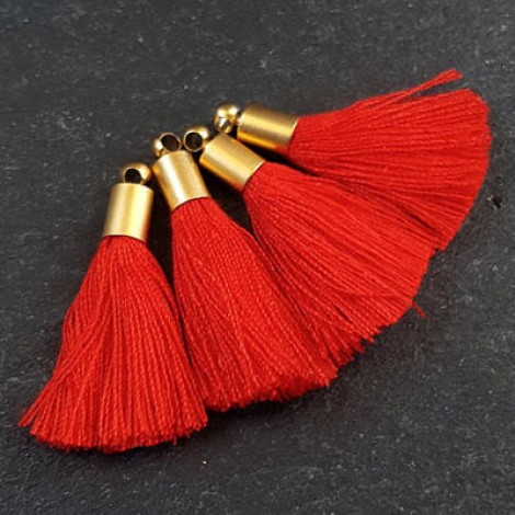 26mm Mini Red Soft Thread Tassels w-Matte 22K Gold Plated Cap