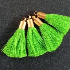 26mm Mini Gecko Green Soft Thread Tassels w-Matte Gold Cap - Per Pair