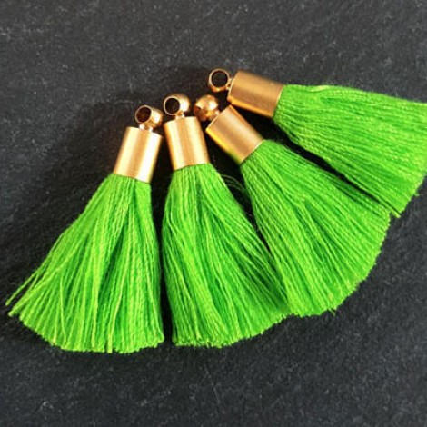 26mm Mini Gecko Green Soft Thread Tassels w-Matte Gold Cap - Per Pair