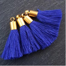 26mm Mini Royal Blue Soft Thread Tassels w-22K Matte Gold Cap - Per Pair