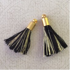 26mm Mini Black Metallic Gold Soft Thread Tassels w-Matte 22k Gold Pl Cap - Per Pair
