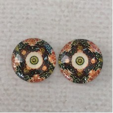 12mm Art Glass Backed Cabochons  - Oriental Floral Design 3 - Per Pair