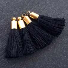 26mm Mini Black Soft Thread Tassels w-Matte 22k Gold Pl Cap - Per Pair