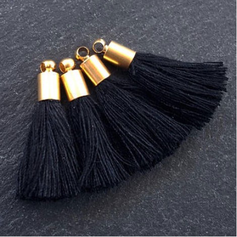 26mm Mini Black Soft Thread Tassels w-Matte 22k Gold Pl Cap - Per Pair