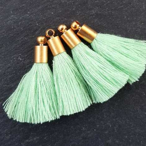 26mm Mini Mint Green Soft Thread Tassels w-Matte 22k Gold Pl Cap - Per Pair