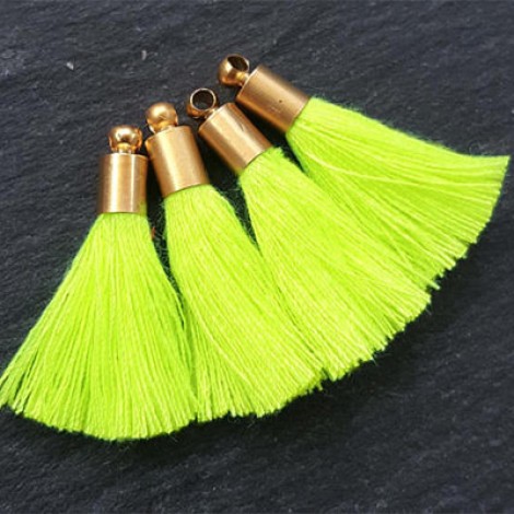 26mm Mini Neon Yellow Soft Thread Tassels w-Gold Cap - Per Pair 26mm Mini Neon Yellow Soft Thread Tassels w-Gold Cap - Per Pair